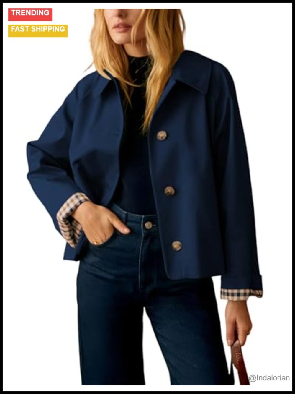Women's Cropped Trench Jacket Plaid Lining Button Front Water Repellent